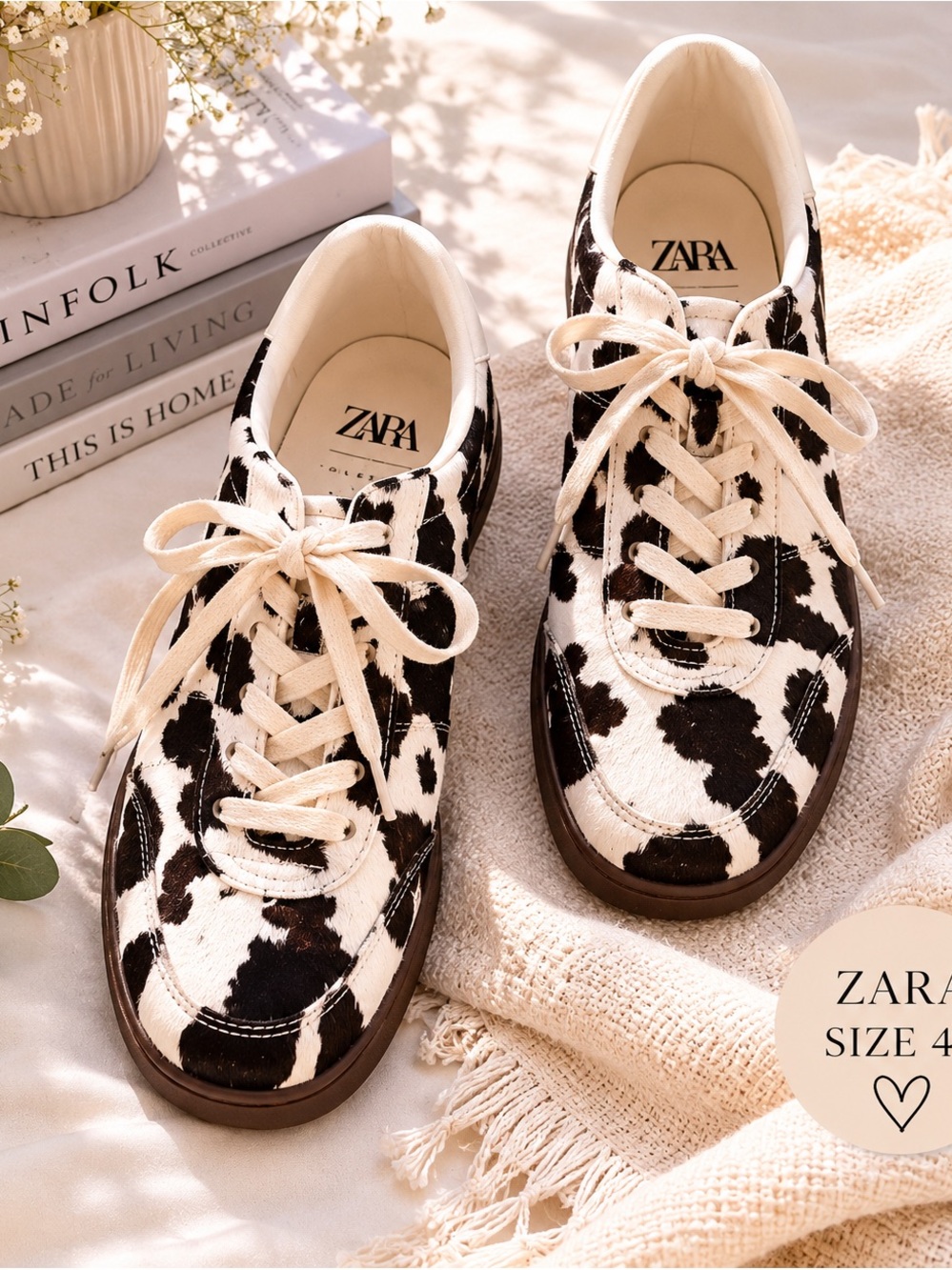 Zara Women’s Cow-Print Sneakers in Black, Cream & Brown size 40